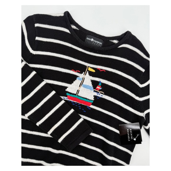 Sag Harbor Sweaters - Vintage Sag Harbor Sweater Medium Petite Striped Boat‎ Nautical Embroidered NEW
